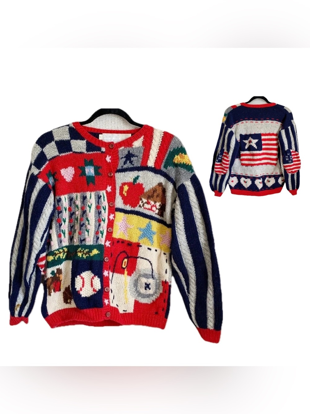 Vintage The Eagle's Eye Hand Knit Cardigan Medium Flag Teacher School Patriotic